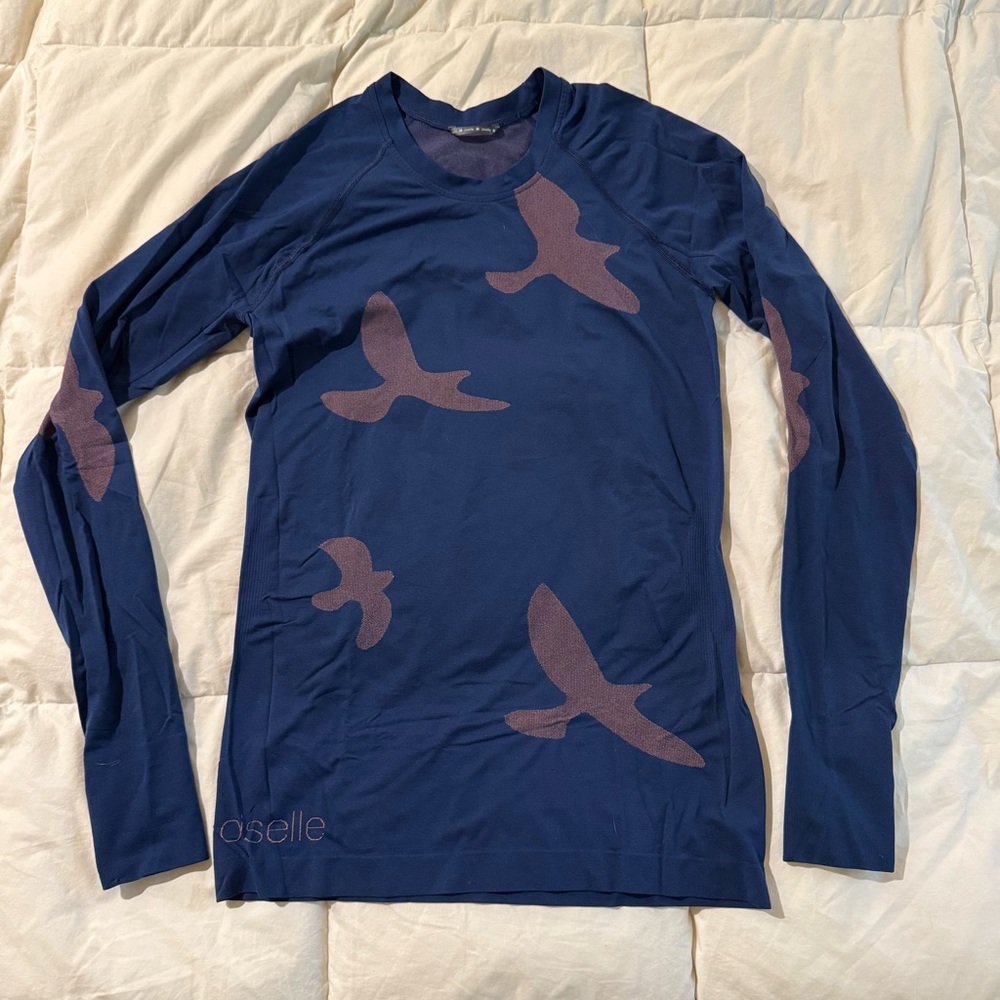 Oiselle Blue Long Sleeve Tee with Pink Bird Design